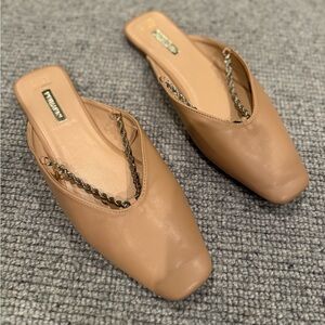 Primark Ballet Flats Mules Tan Square Toe Chain Accent